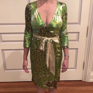 Diane von furstenberg wrap green and gold dress